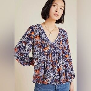 ANTHROPOLOGIE Maeve Cathy Pleated Blue Jungle Top